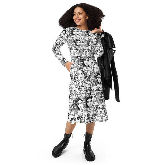 All-over print long sleeve midi dress