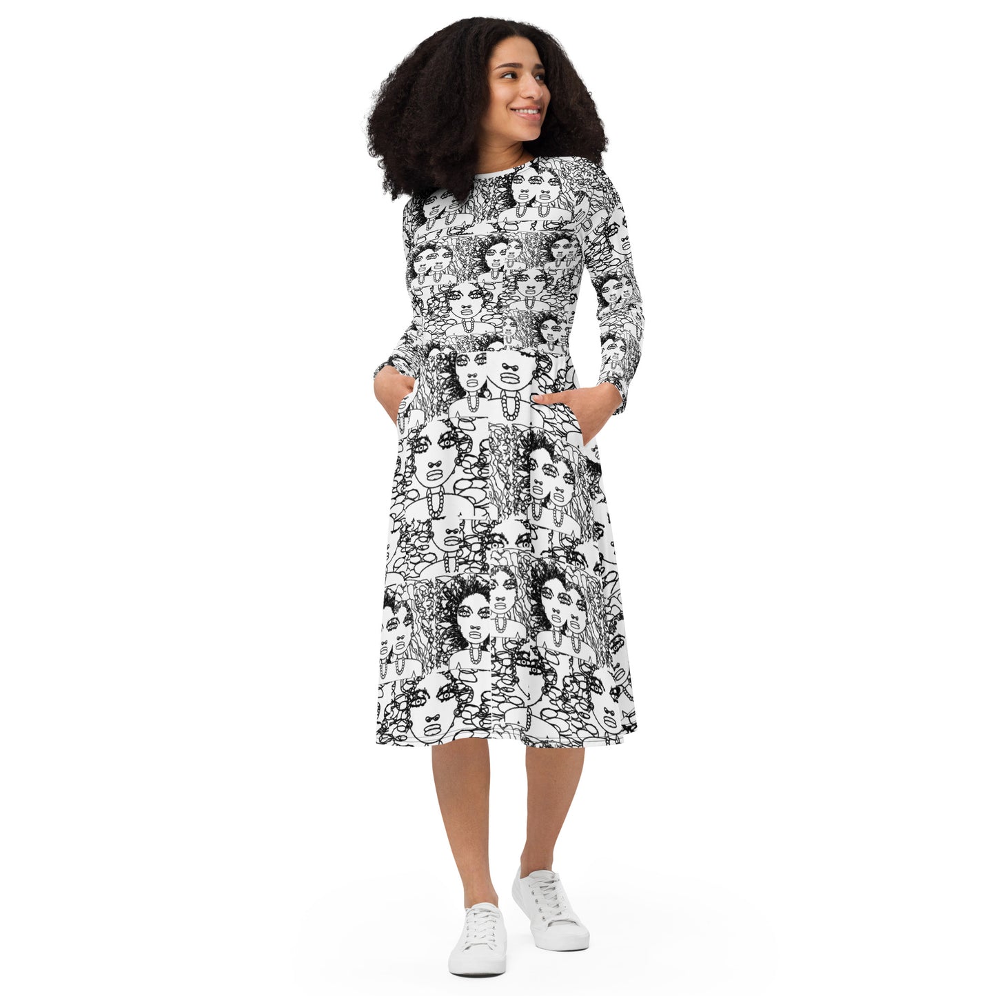 All-over print long sleeve midi dress