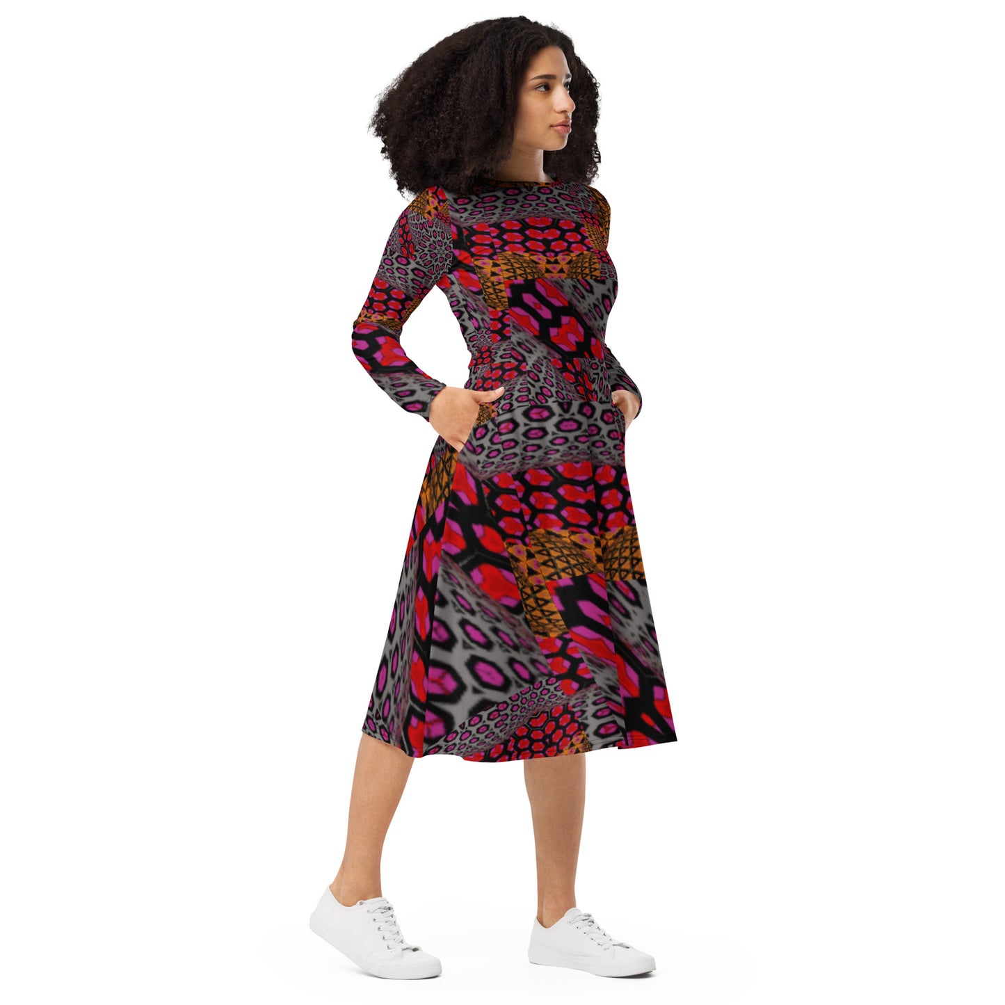 All-over print long sleeve midi dress