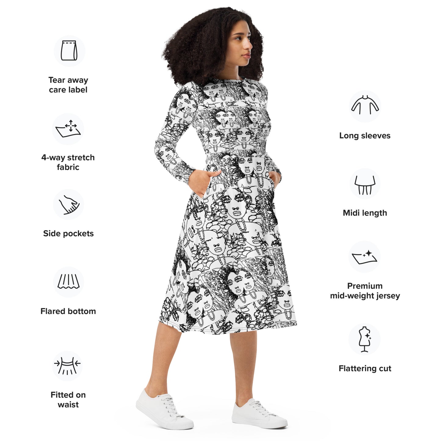 All-over print long sleeve midi dress