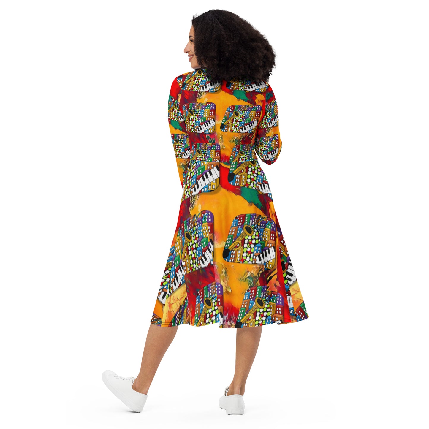 Sample All-over print long sleeve midi dress