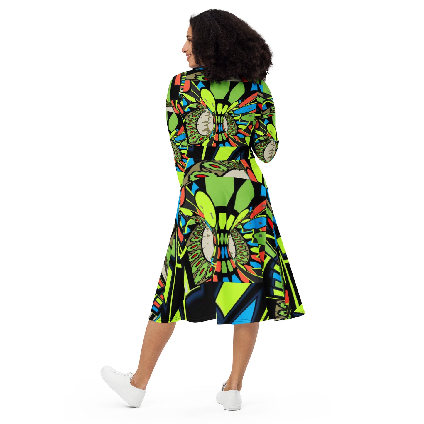 All-over print long sleeve midi dress