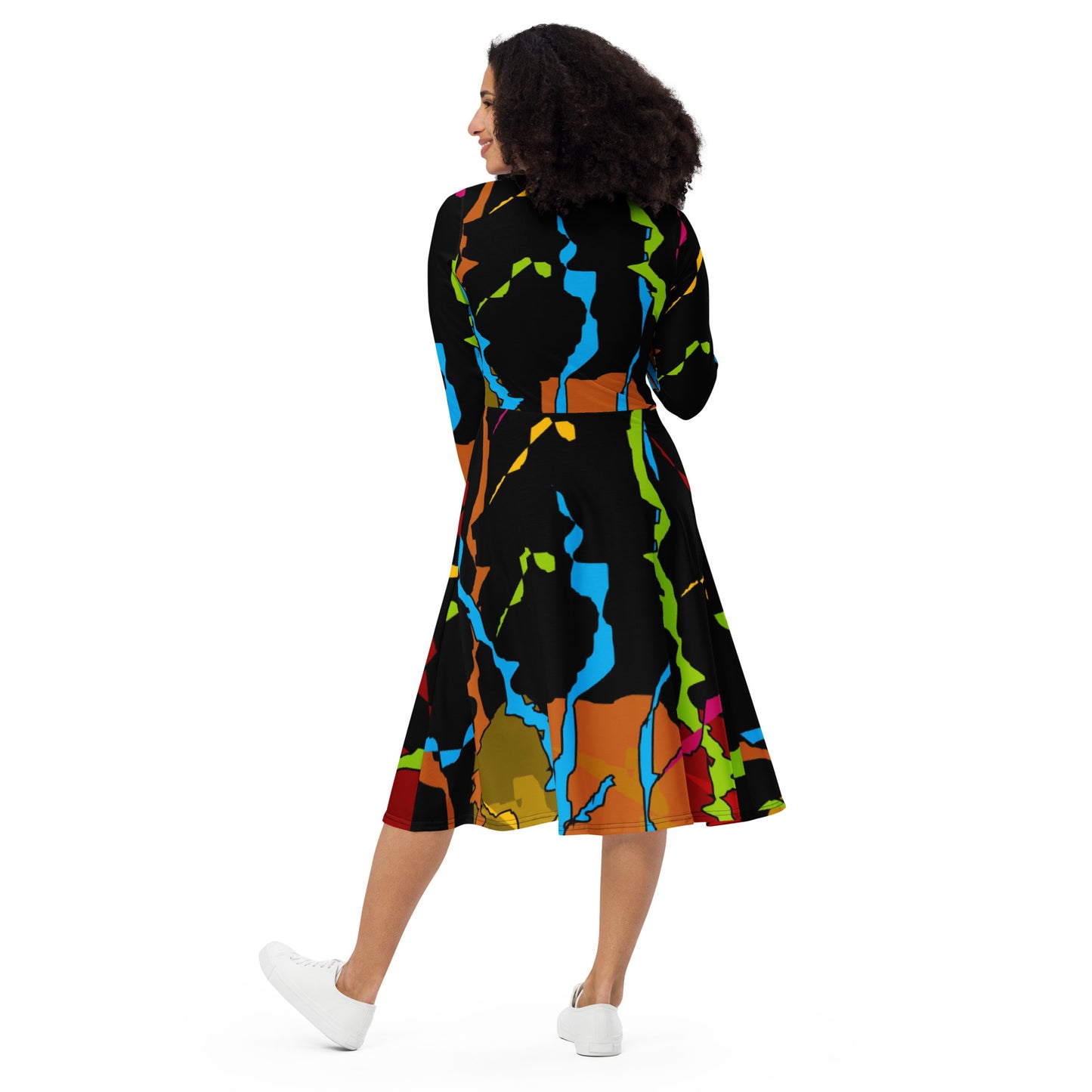 All-over print long sleeve midi dress