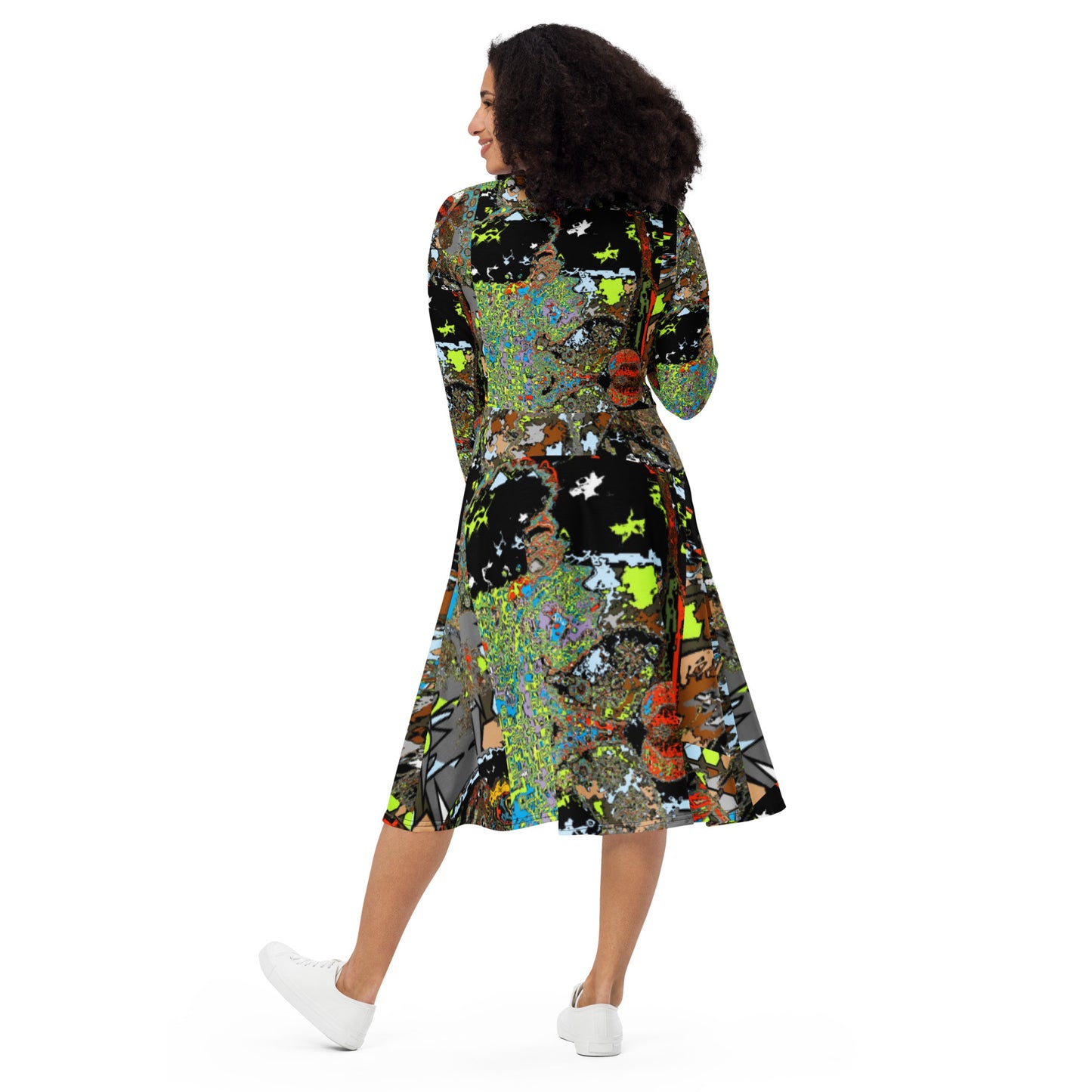 All-over print long sleeve midi dress