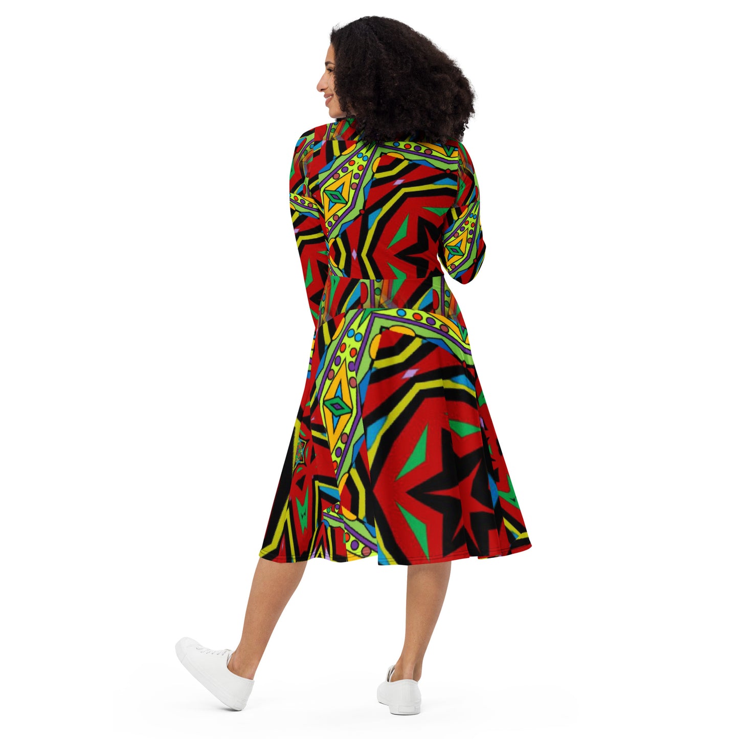 All-over print long sleeve midi dress