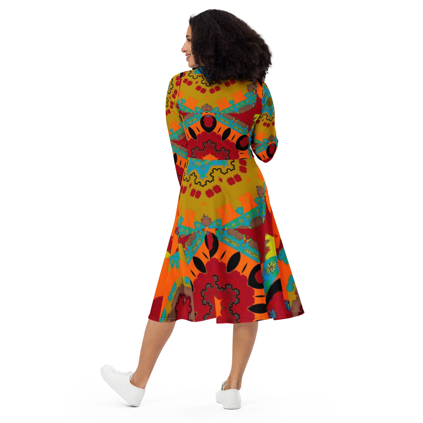 All-over print long sleeve midi dress