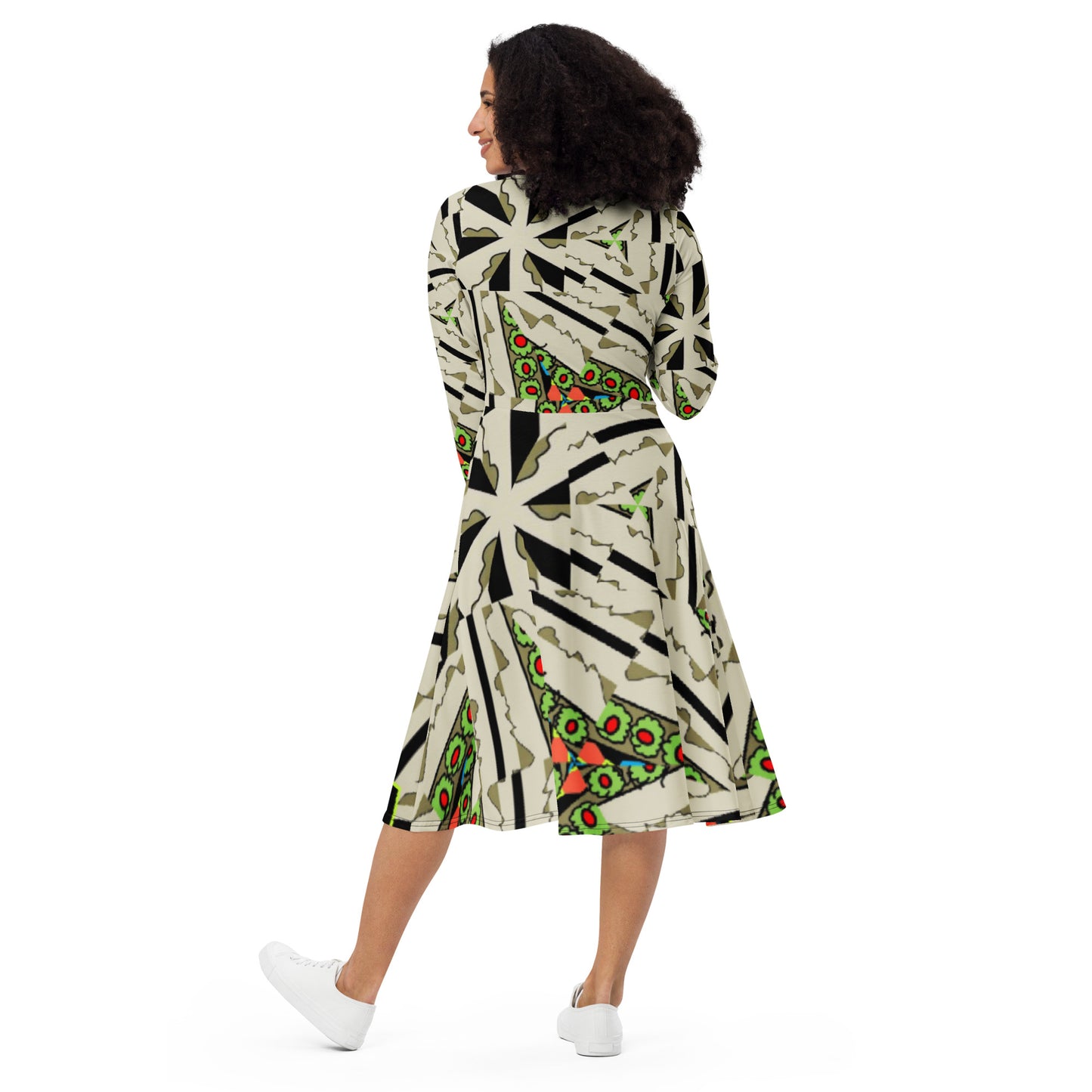 All-over print long sleeve midi dress