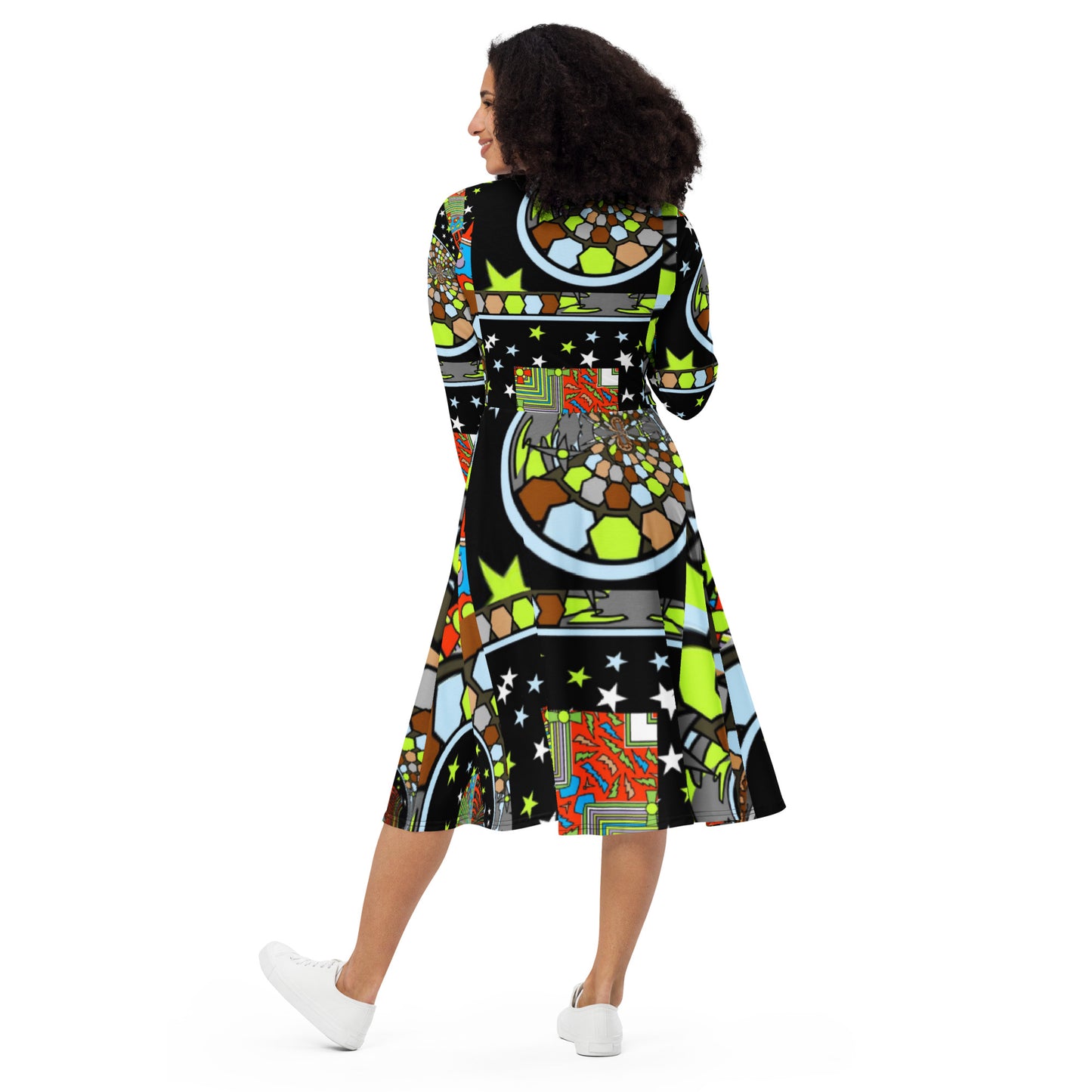 All-over print long sleeve midi dress