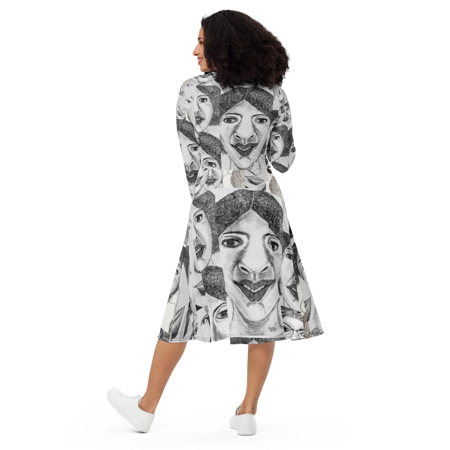 All-over print long sleeve midi dress