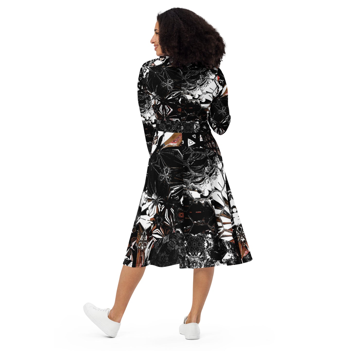 All-over print long sleeve midi dress