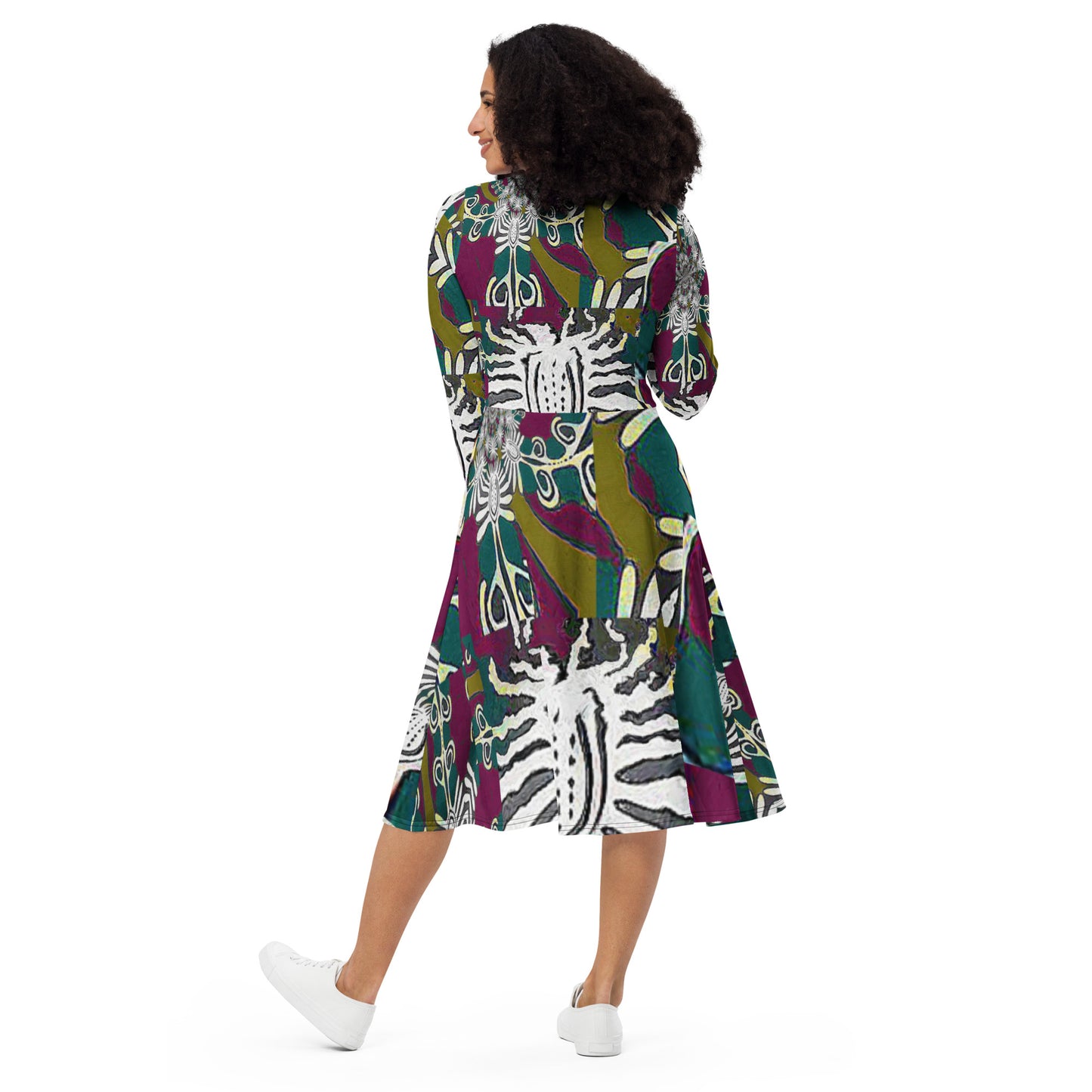 All-over print long sleeve midi dress