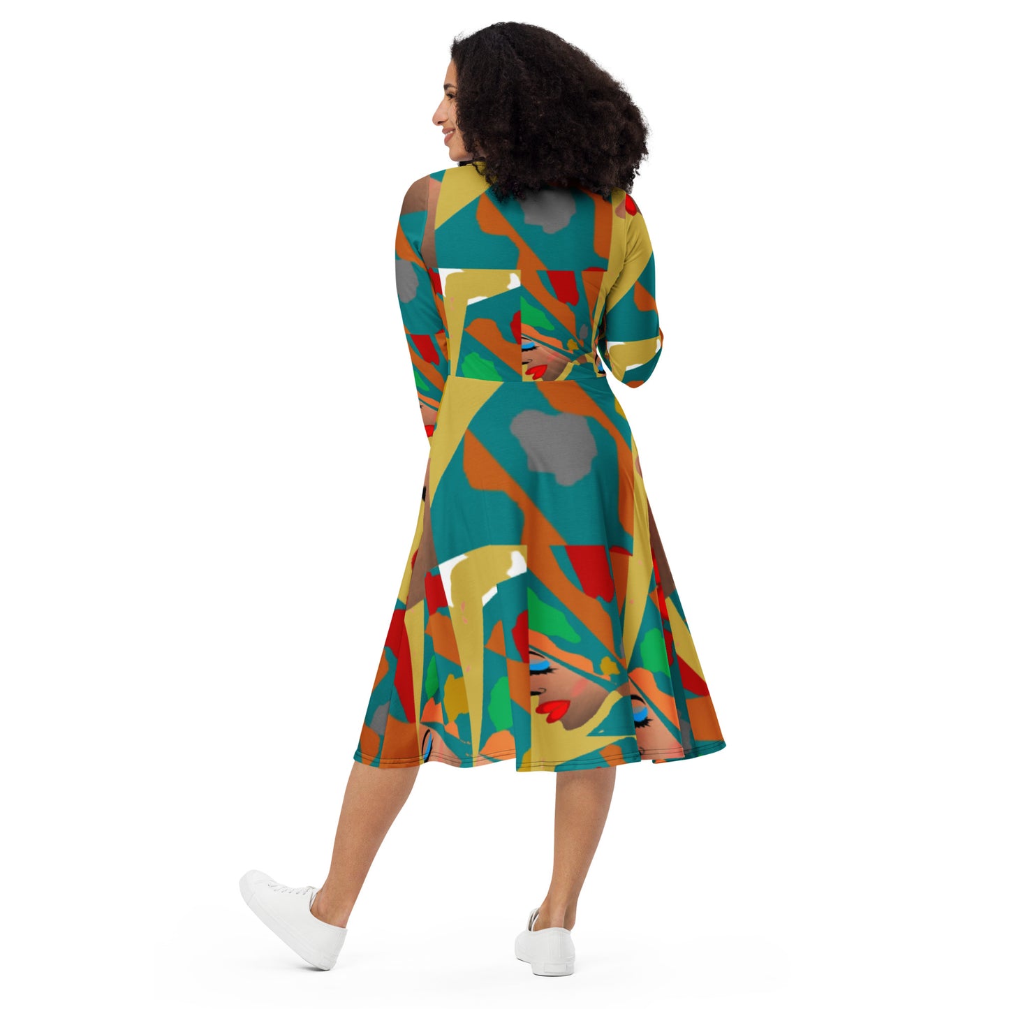 All-over print long sleeve midi dress