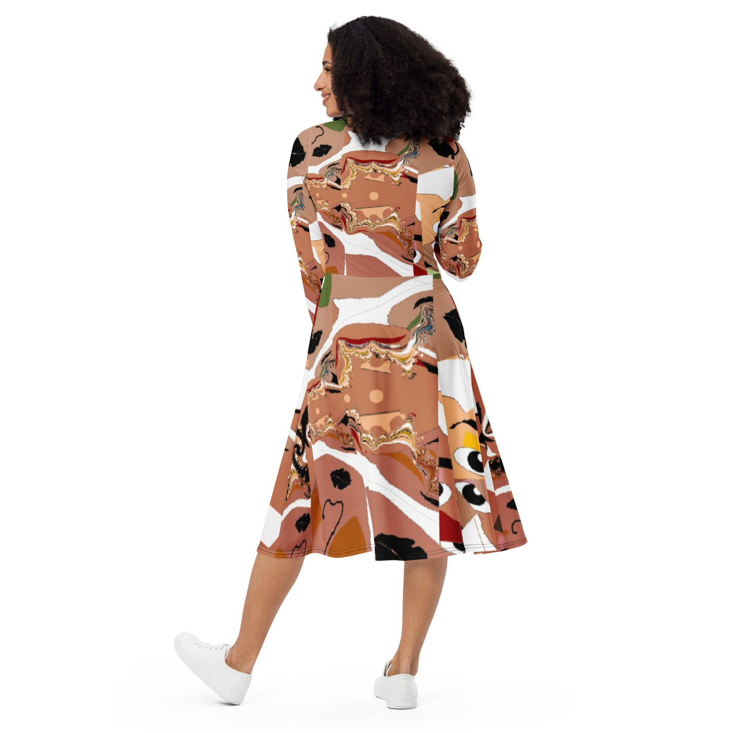 All-over print long sleeve midi dress