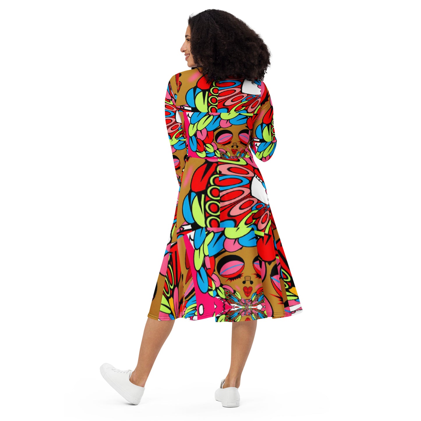 All-over print long sleeve midi dress