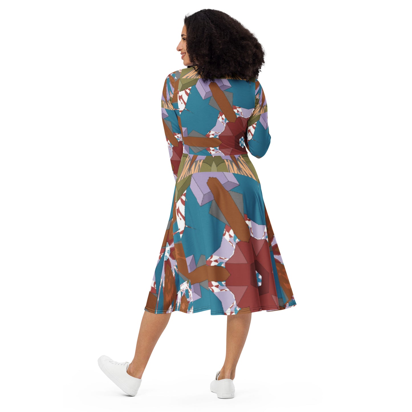 All-over print long sleeve midi dress