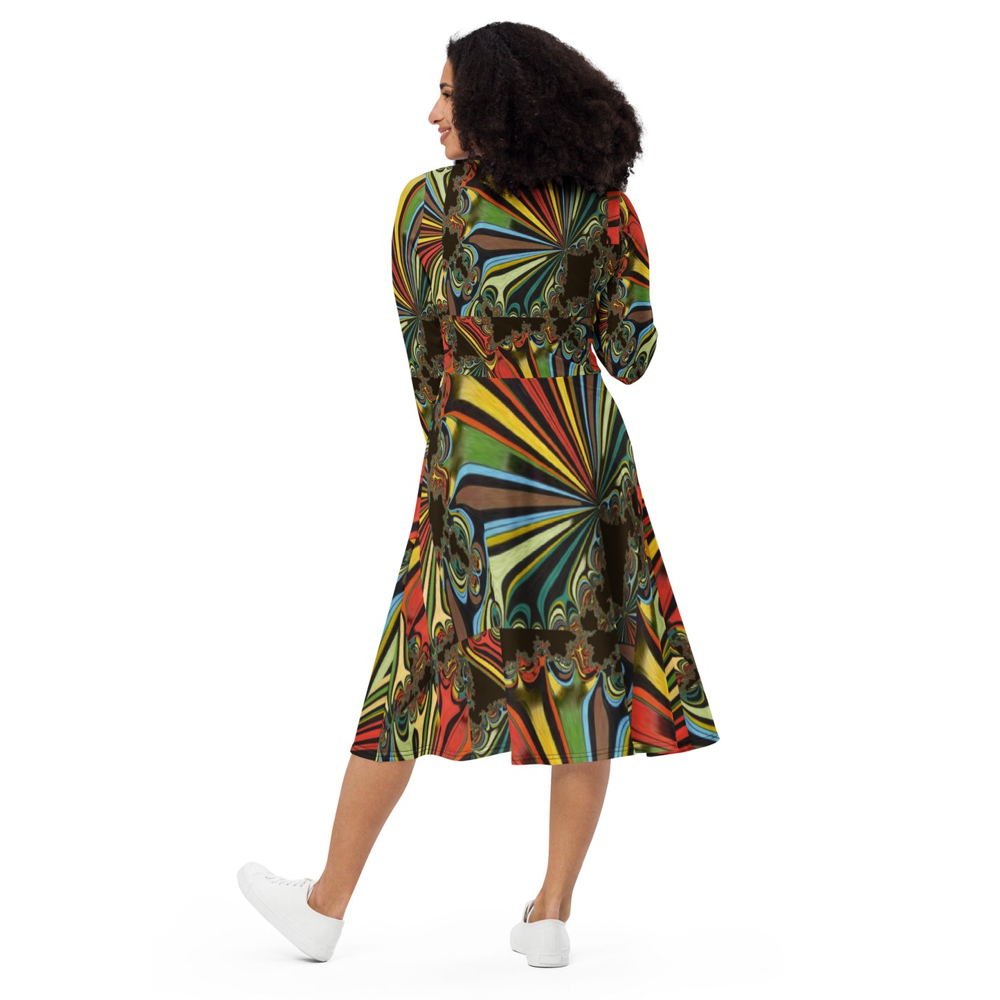 All-over print long sleeve midi dress