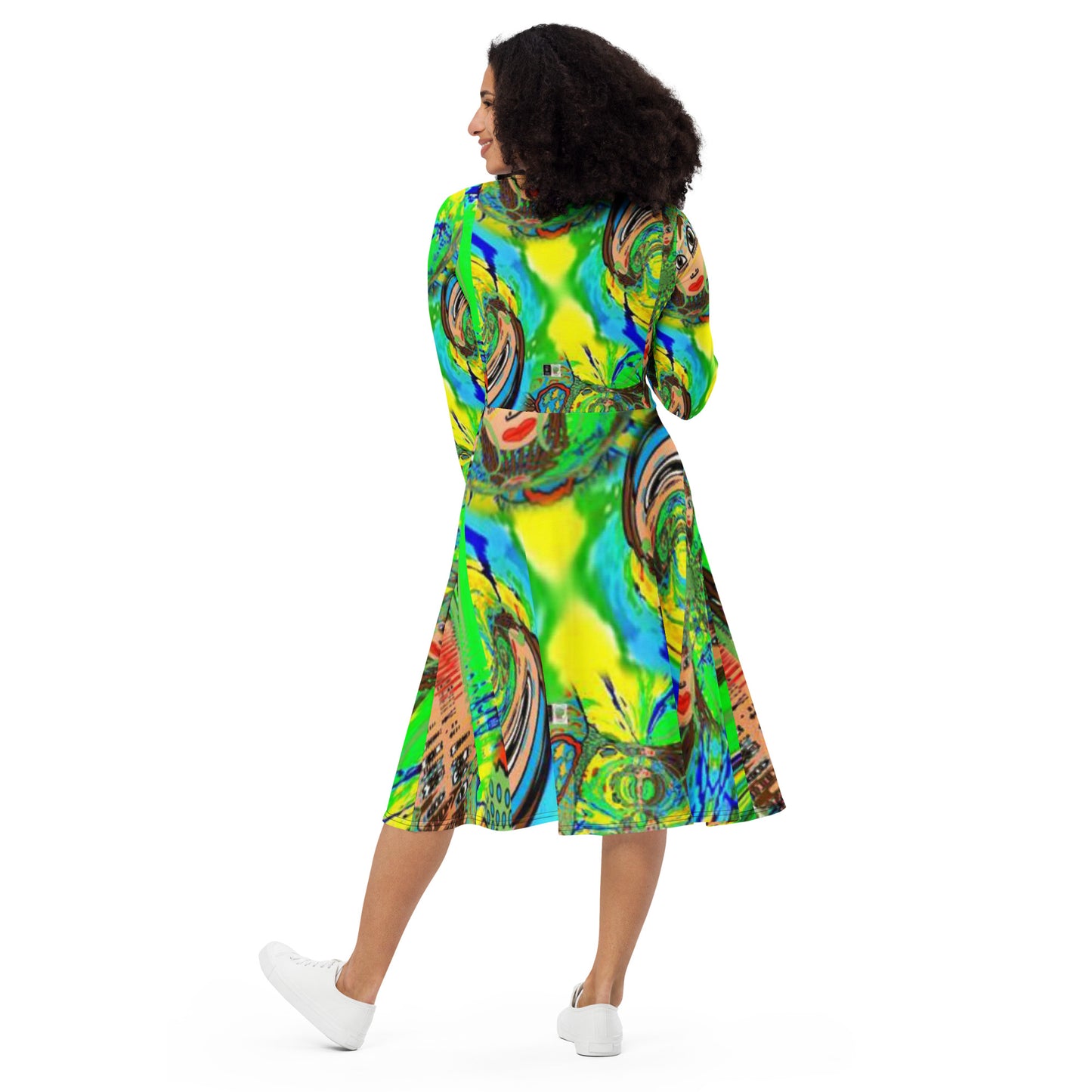 All-over print long sleeve midi dress