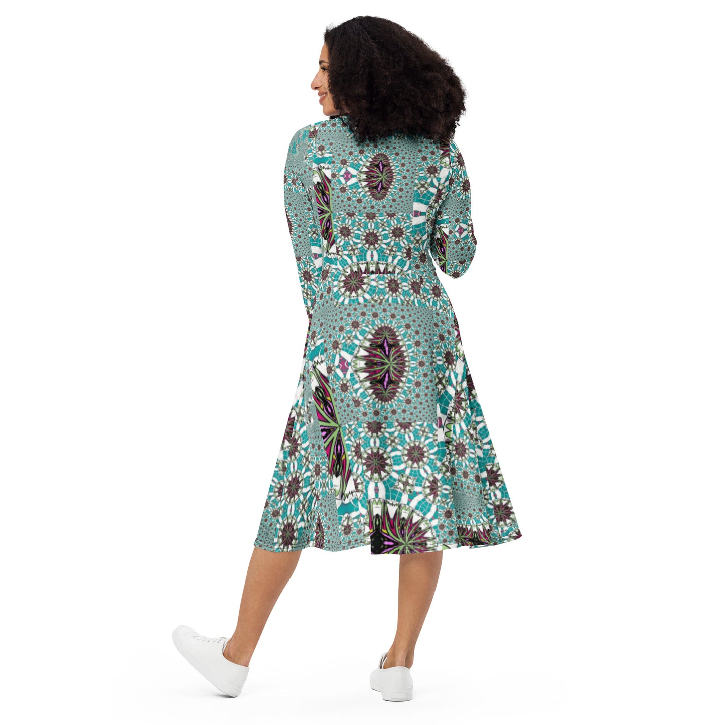 All-over print long sleeve midi dress