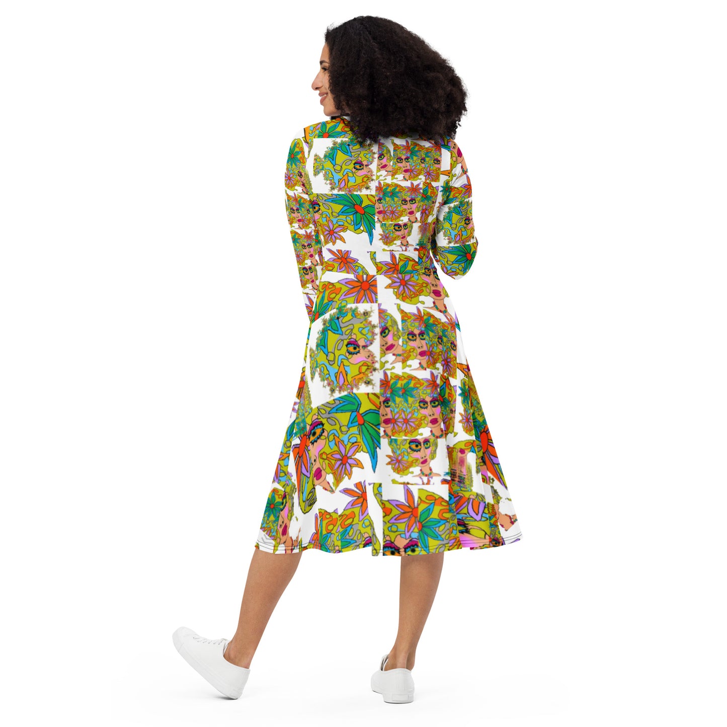 All-over print long sleeve midi dress