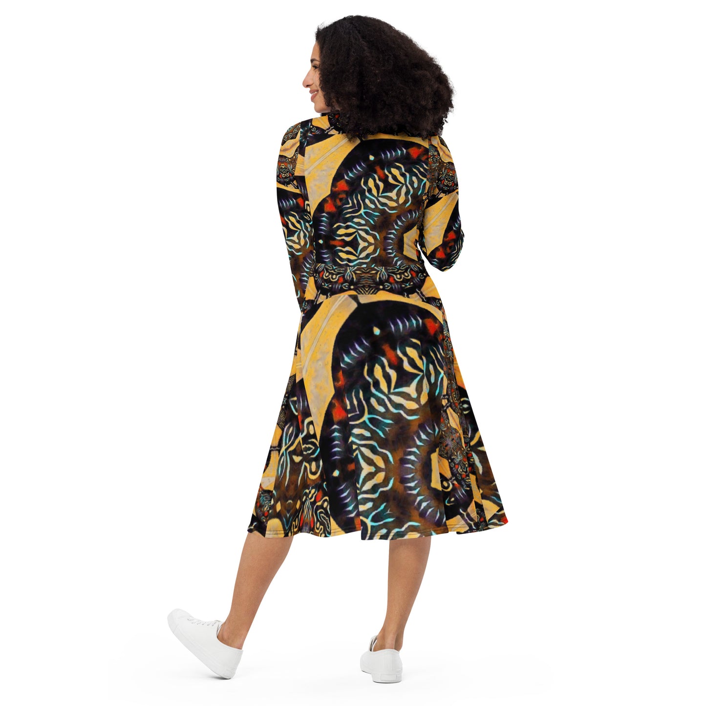 All-over print long sleeve midi dress