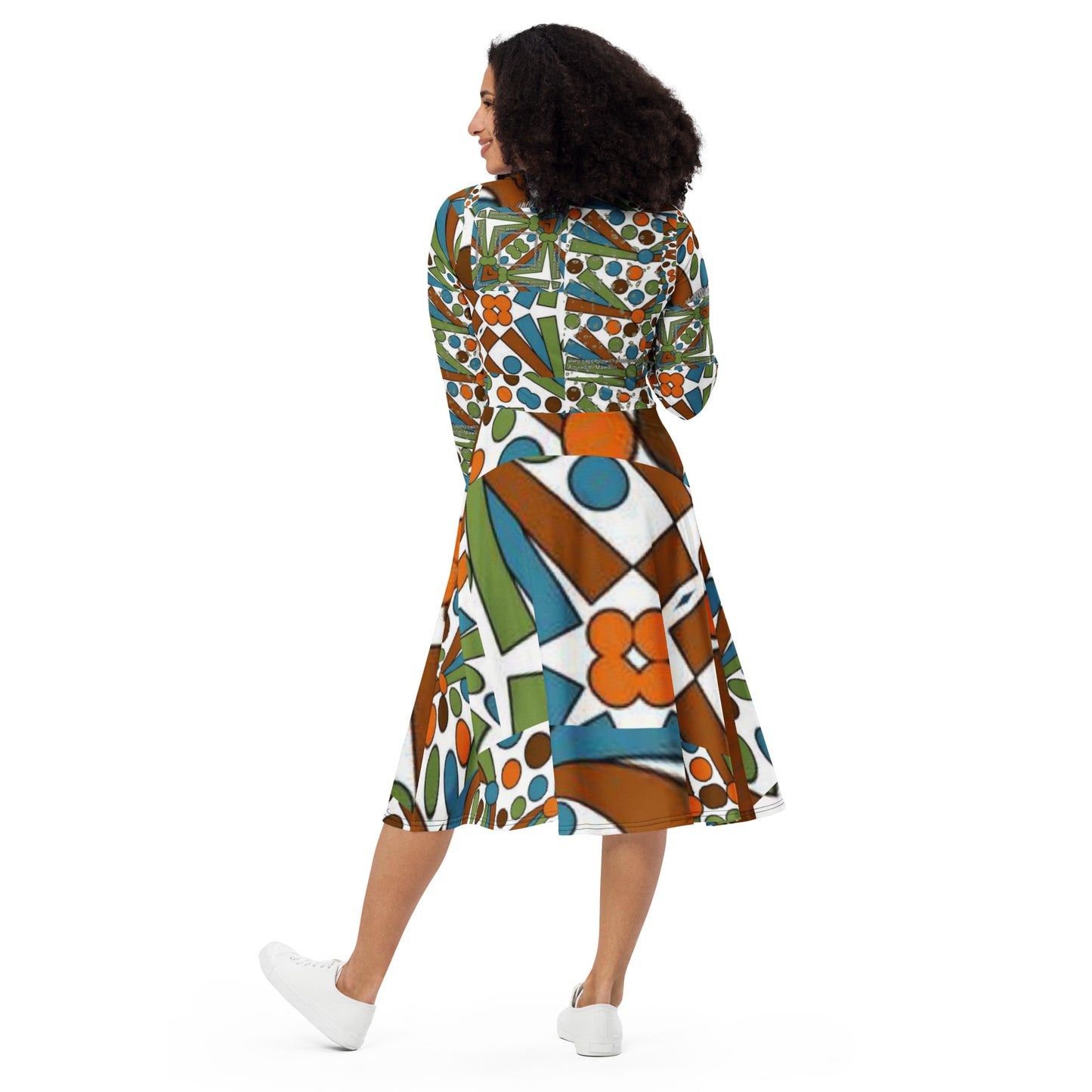 All-over print long sleeve midi dress