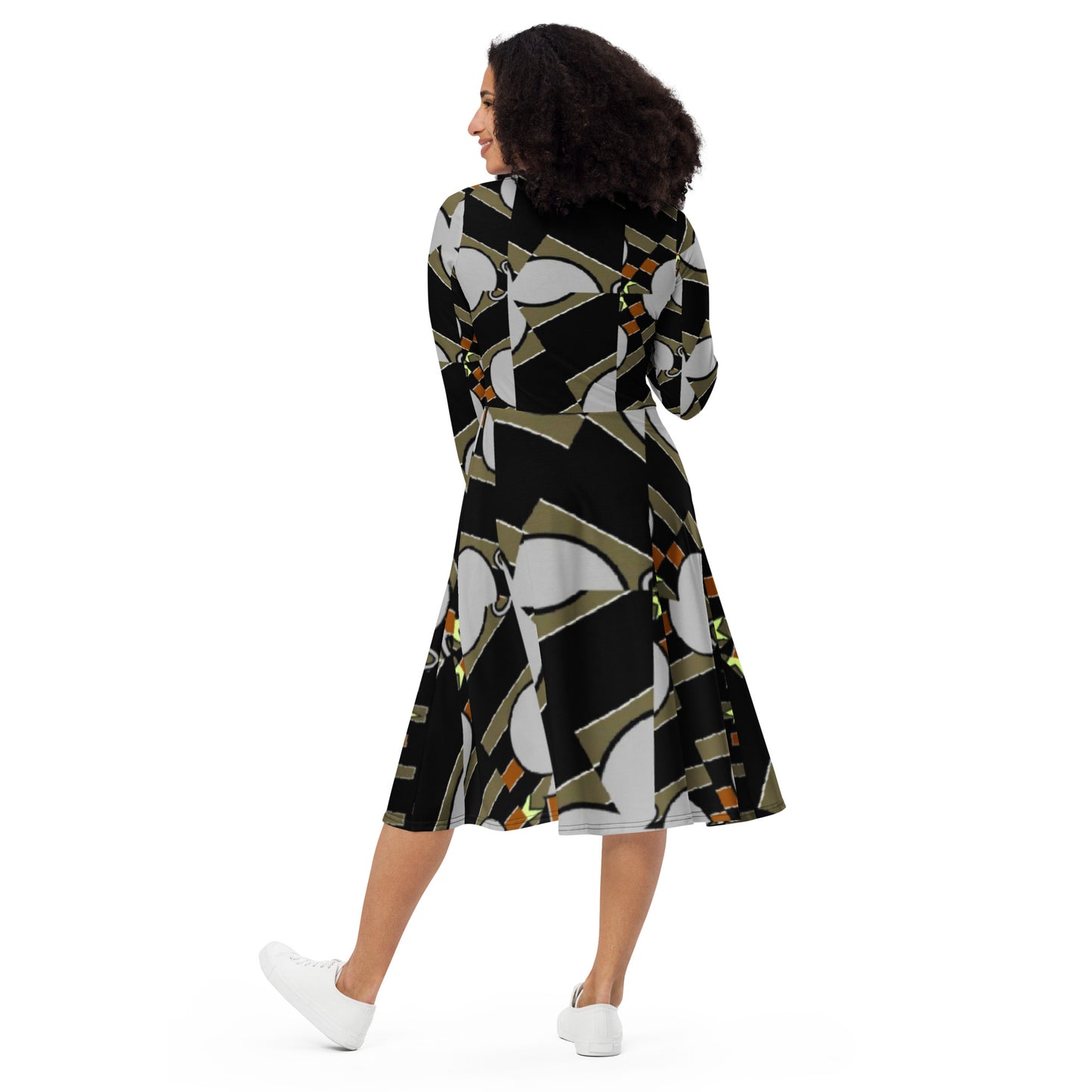 All-over print long sleeve midi dress