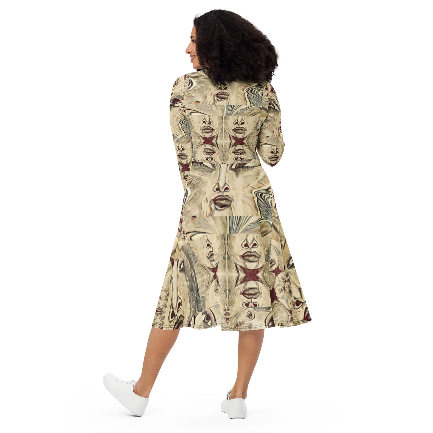 All-over print long sleeve midi dress