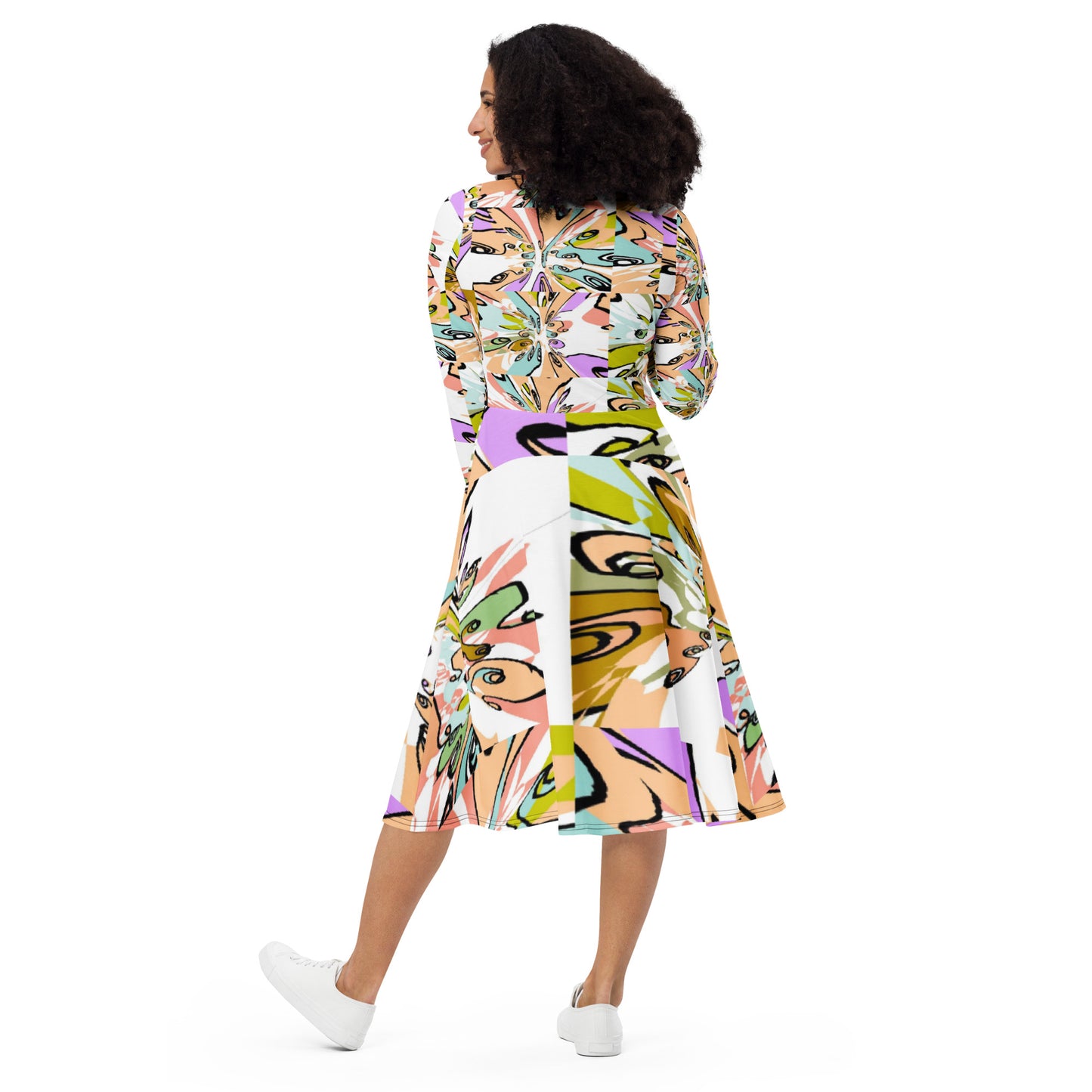 All-over print long sleeve midi dress