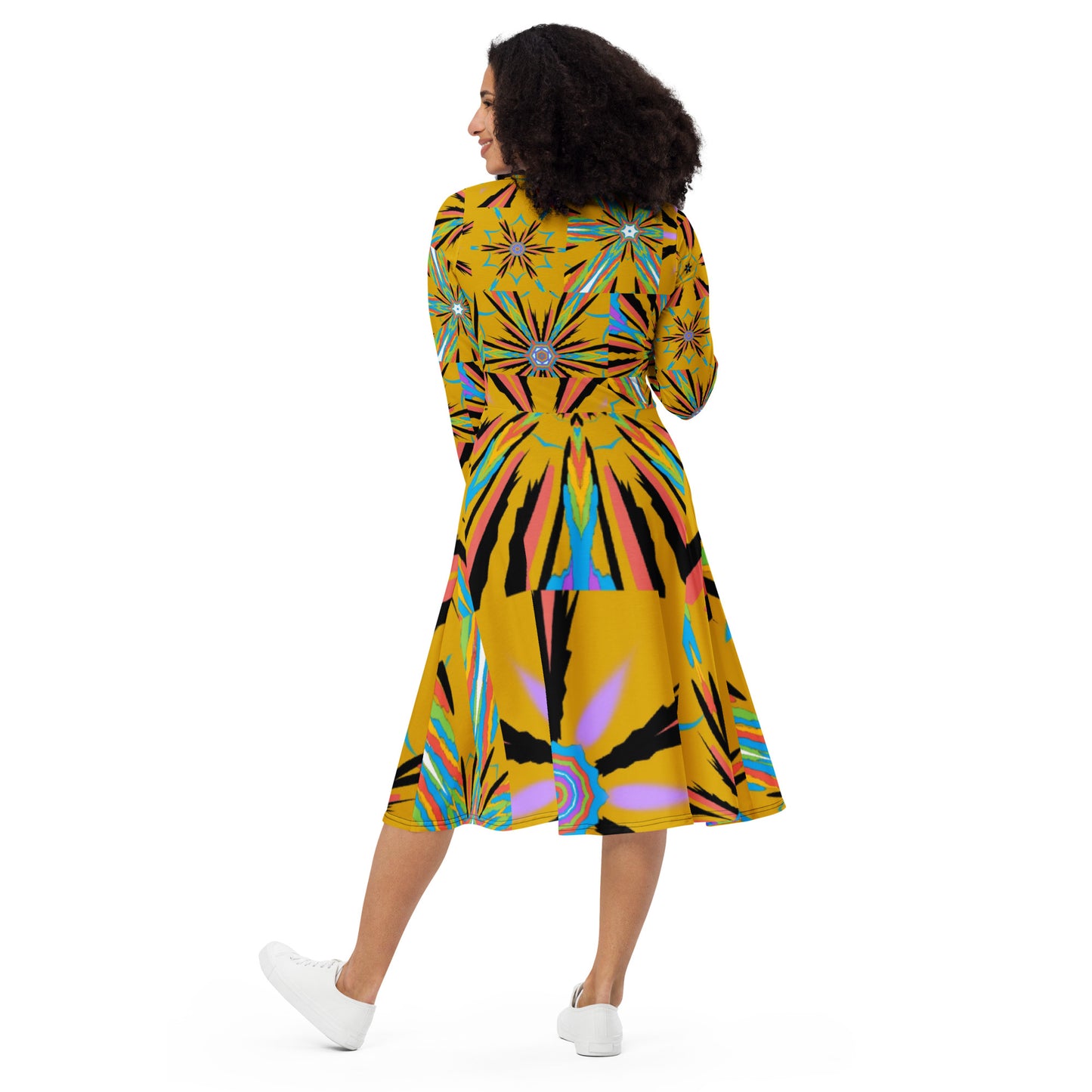 All-over print long sleeve midi dress