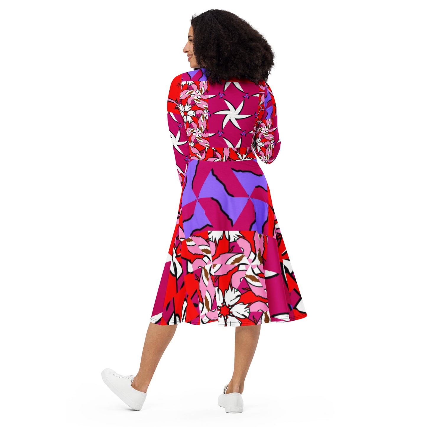 All-over print long sleeve midi dress