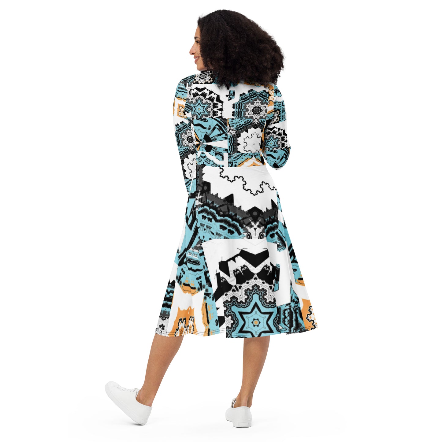 All-over print long sleeve midi dress