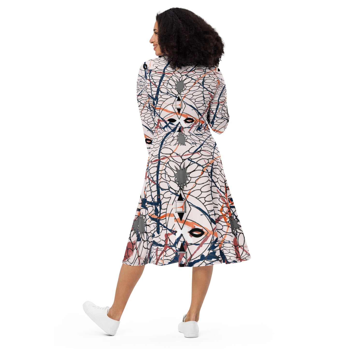 All-over print long sleeve midi dress