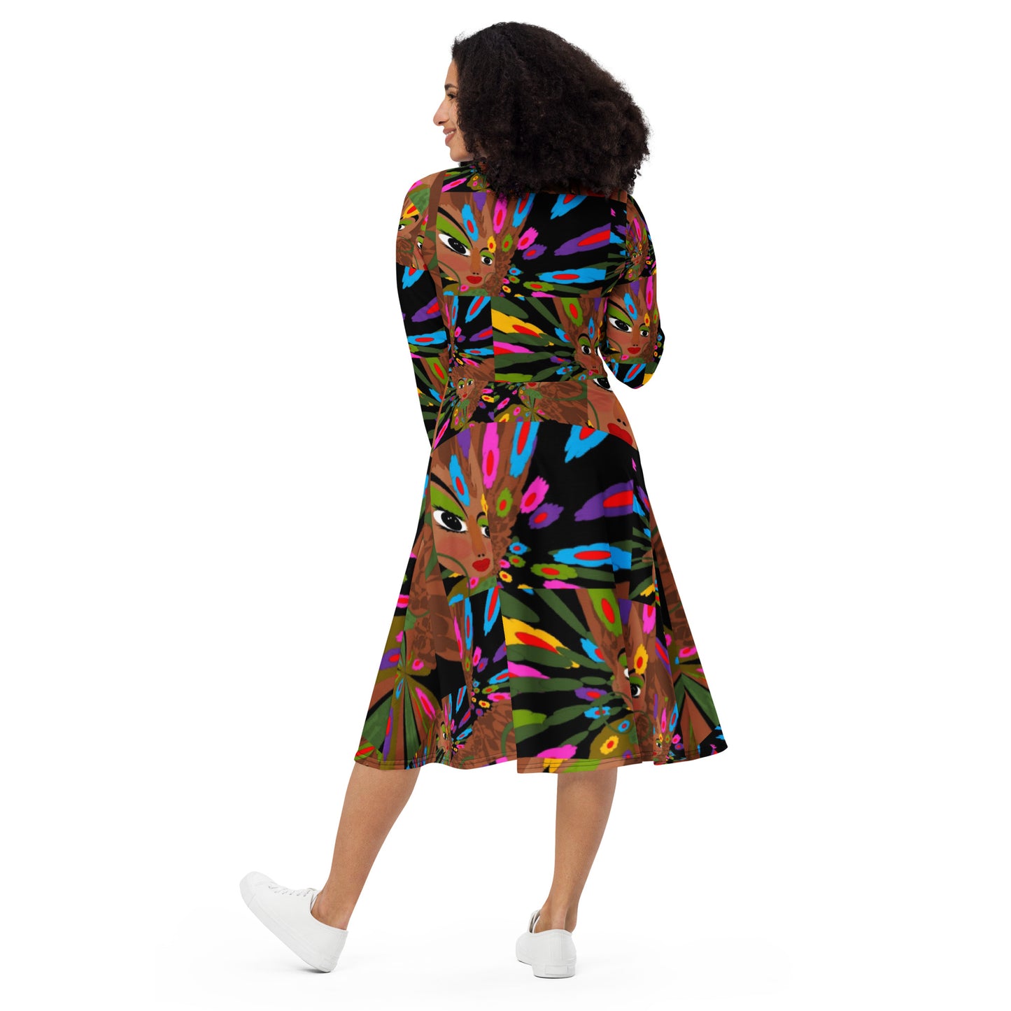 All-over print long sleeve midi dress