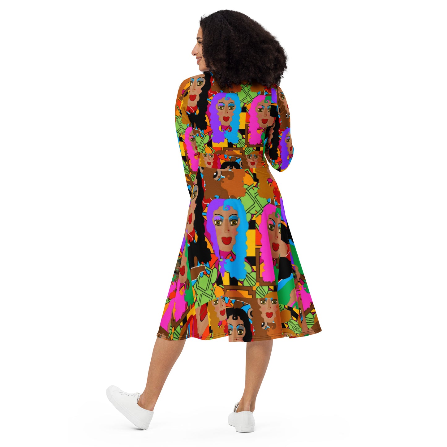 All-over print long sleeve midi dress