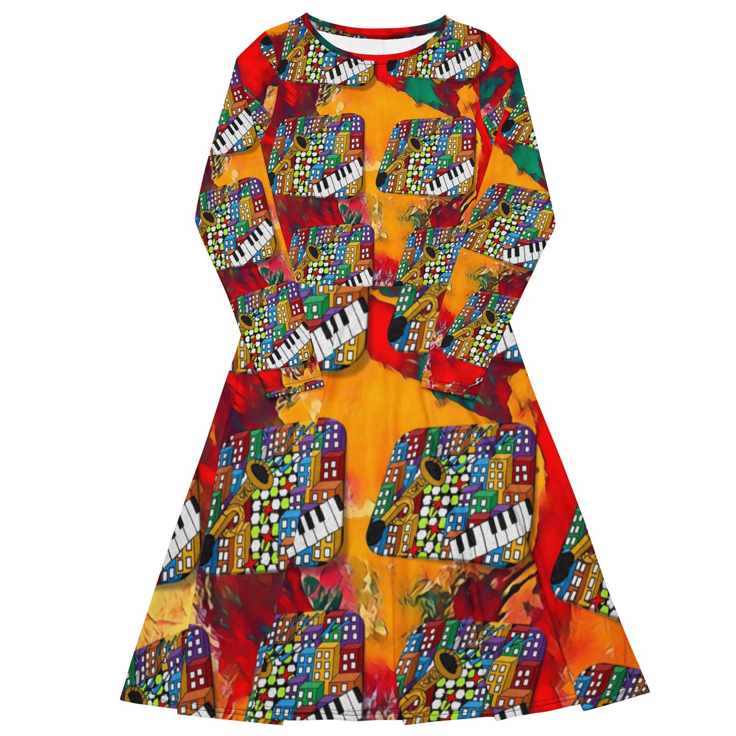 Sample All-over print long sleeve midi dress