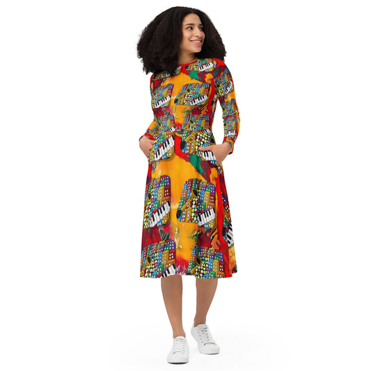 Sample All-over print long sleeve midi dress