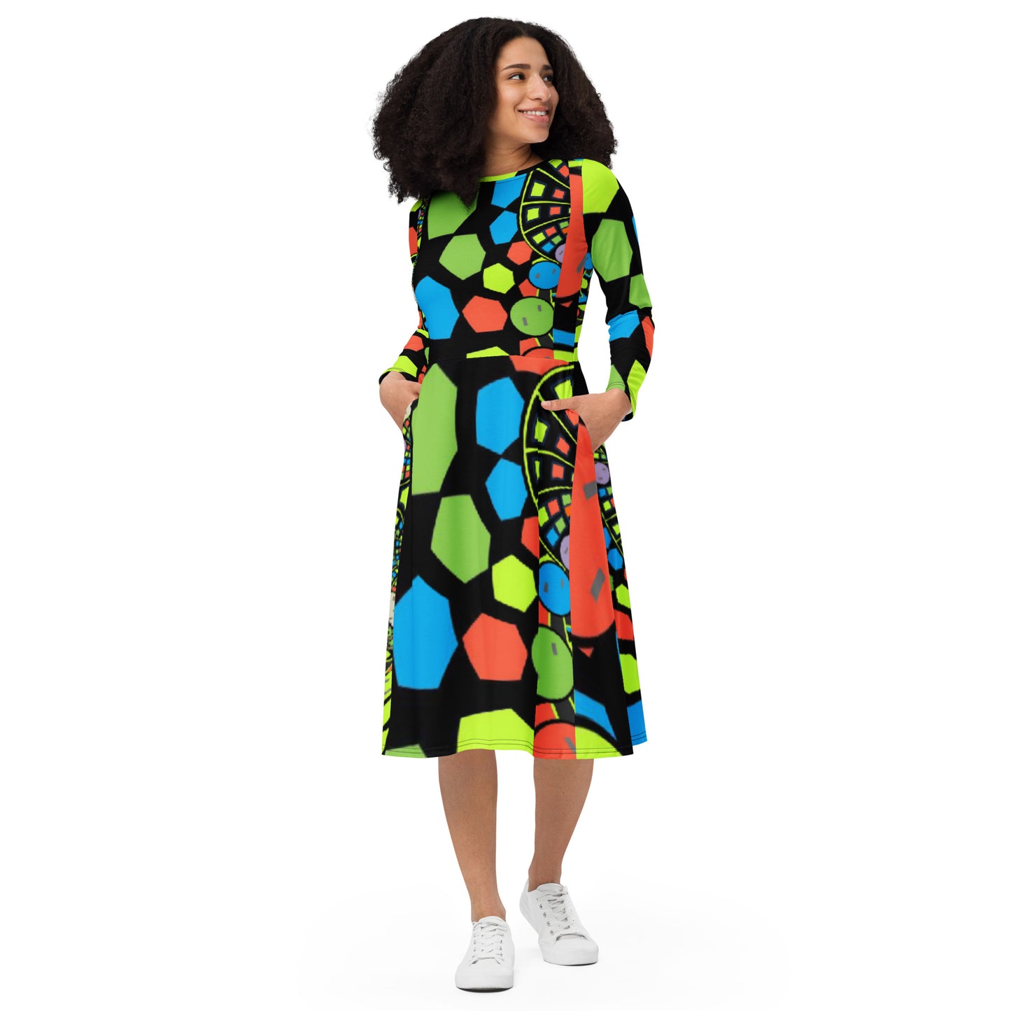 All-over print long sleeve midi dress