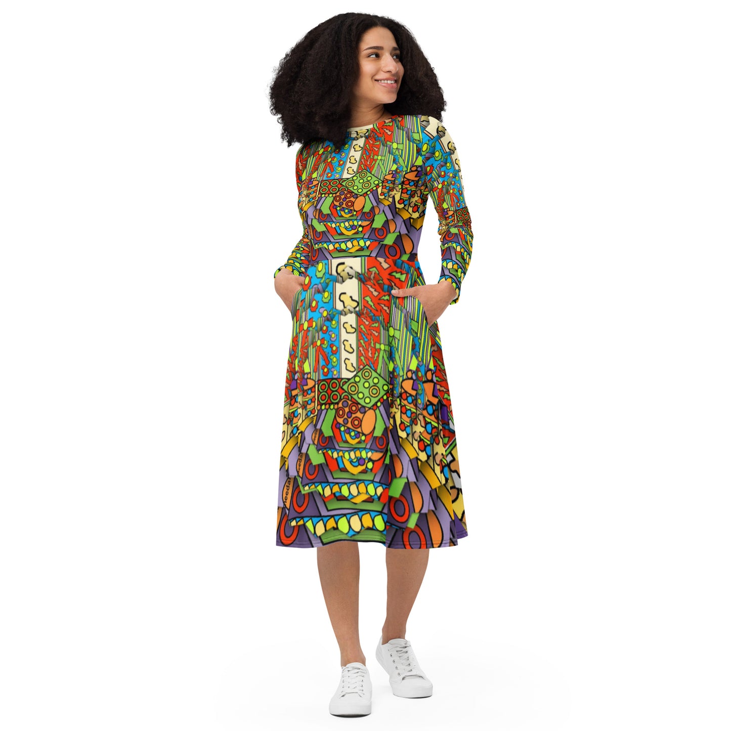 All-over print long sleeve midi dress