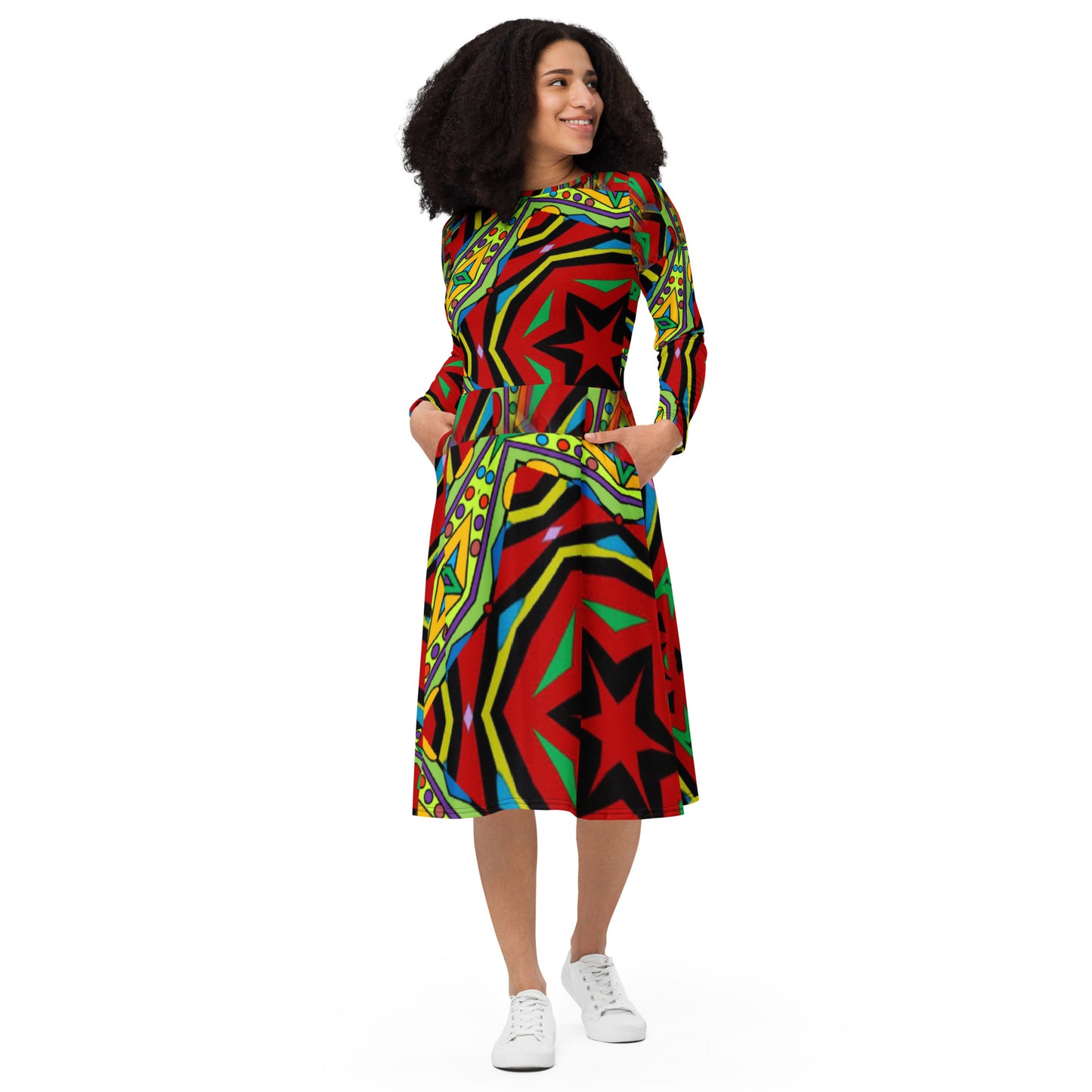 All-over print long sleeve midi dress