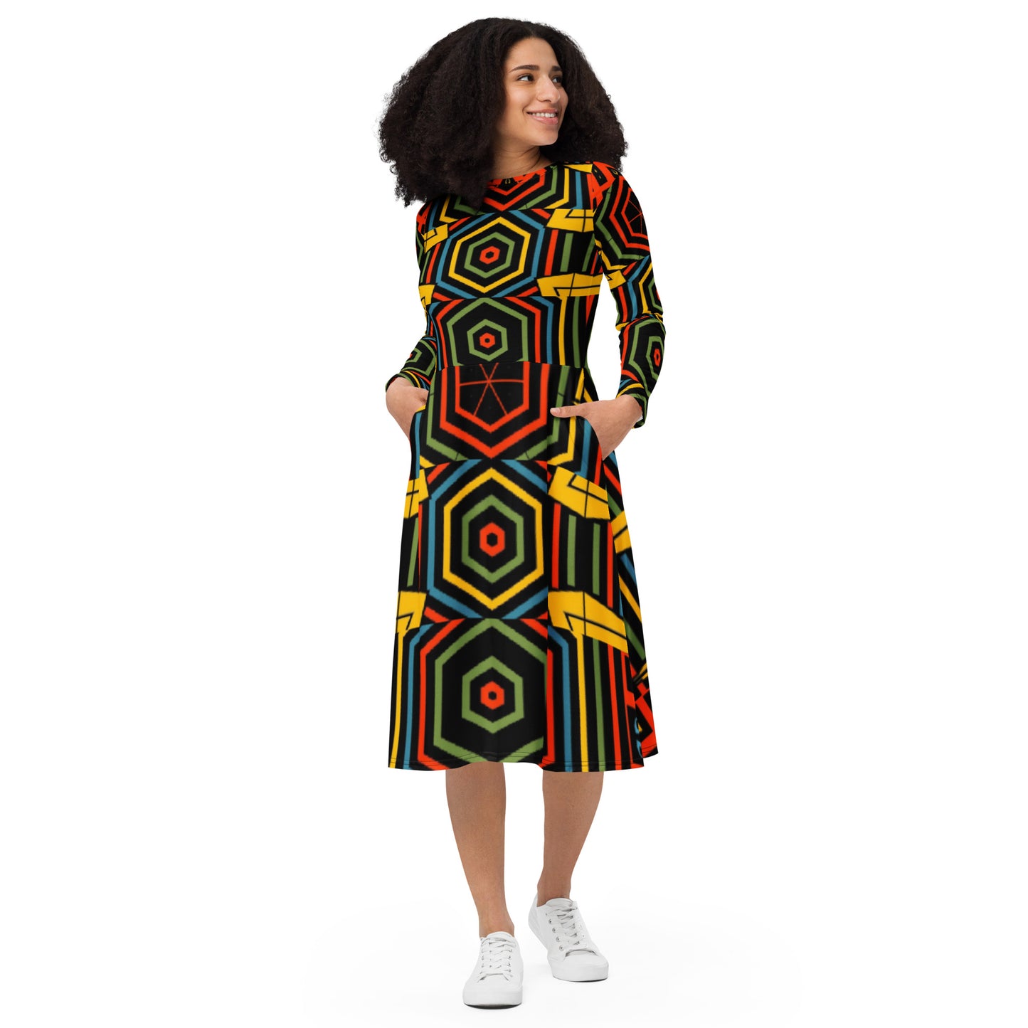 All-over print long sleeve midi dress