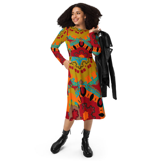 All-over print long sleeve midi dress