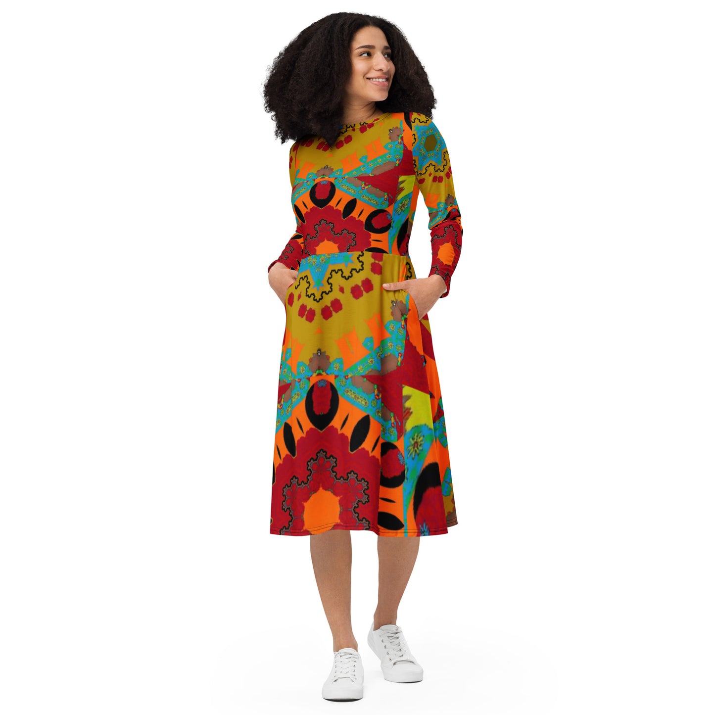 All-over print long sleeve midi dress