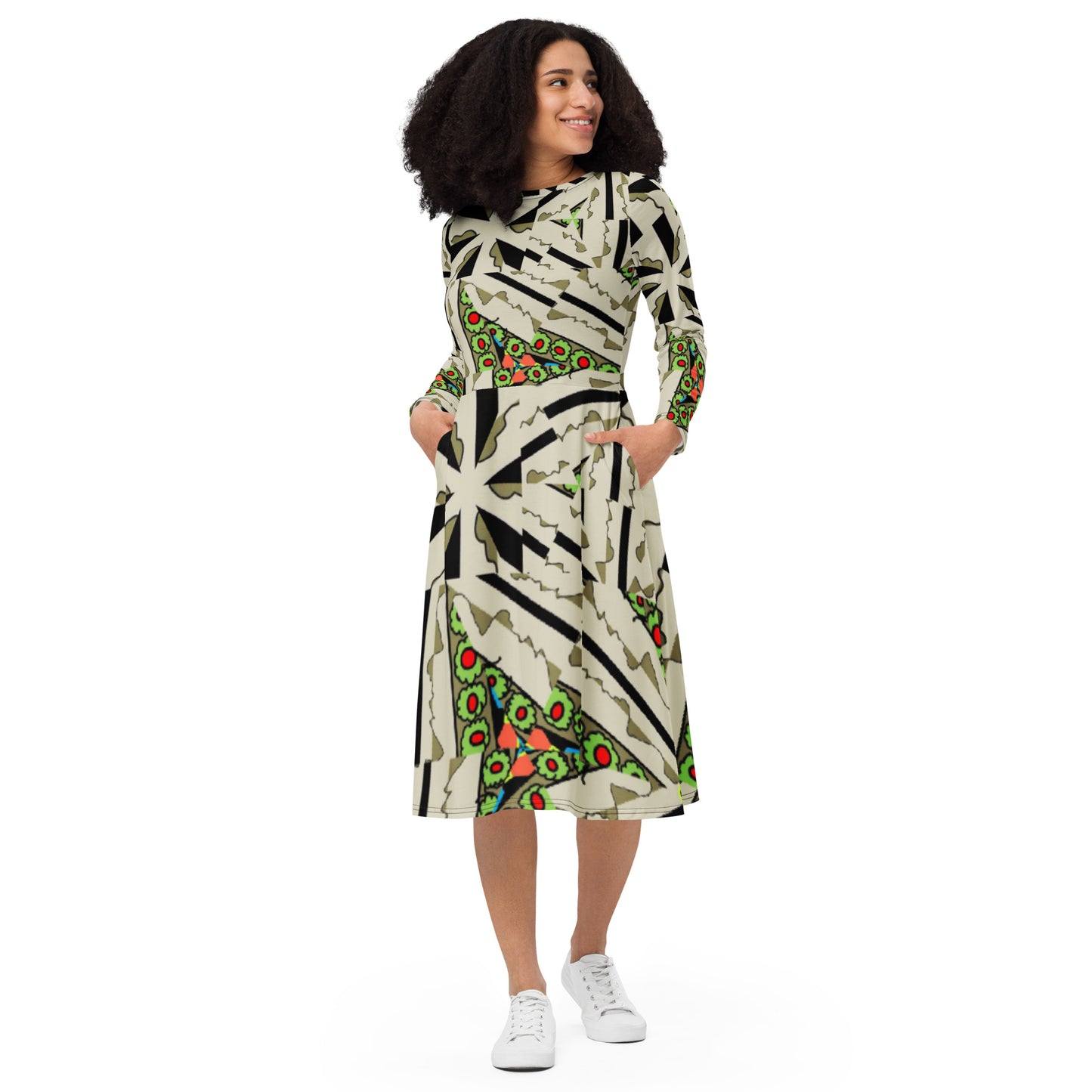 All-over print long sleeve midi dress