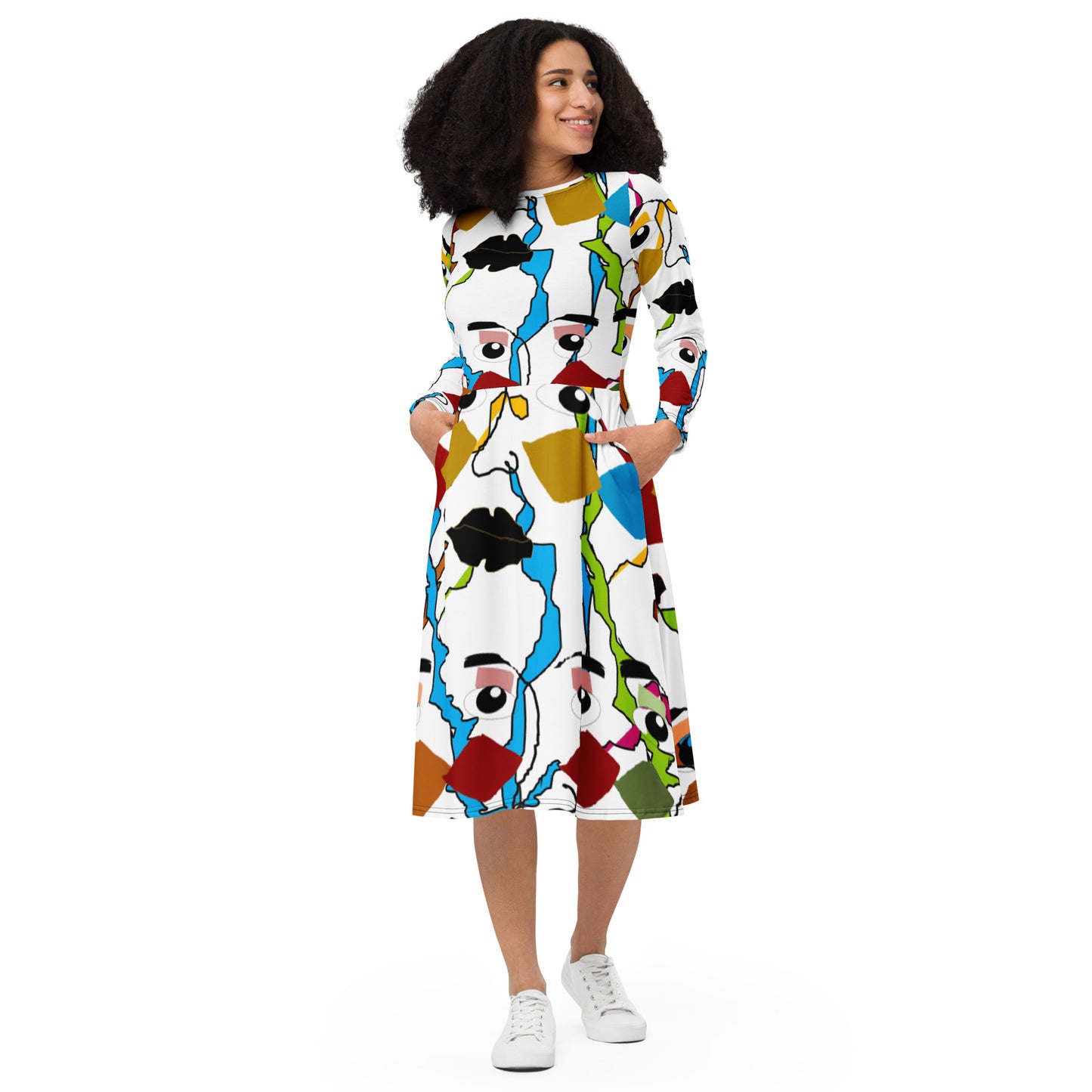 All-over print long sleeve midi dress