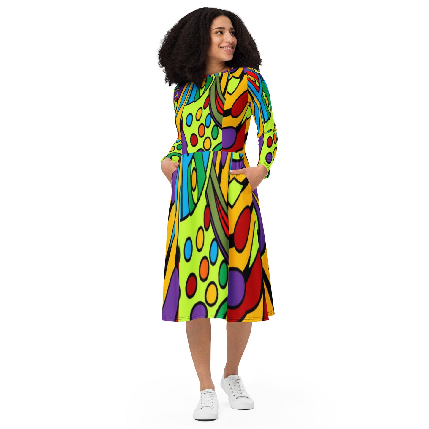 All-over print long sleeve midi dress