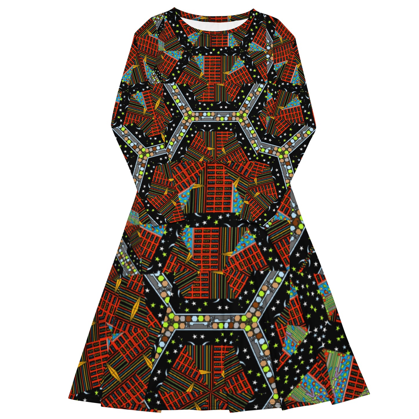 All-over print long sleeve midi dress