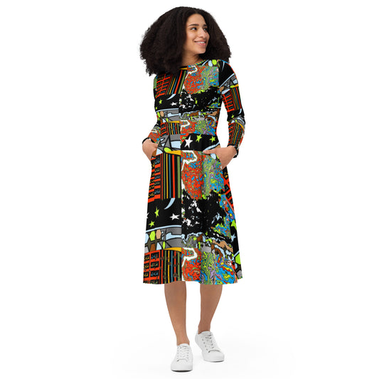 All-over print long sleeve midi dress