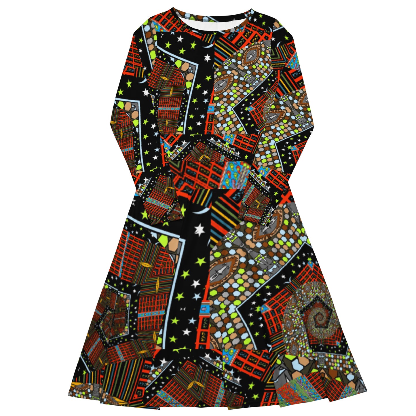 All-over print long sleeve midi dress