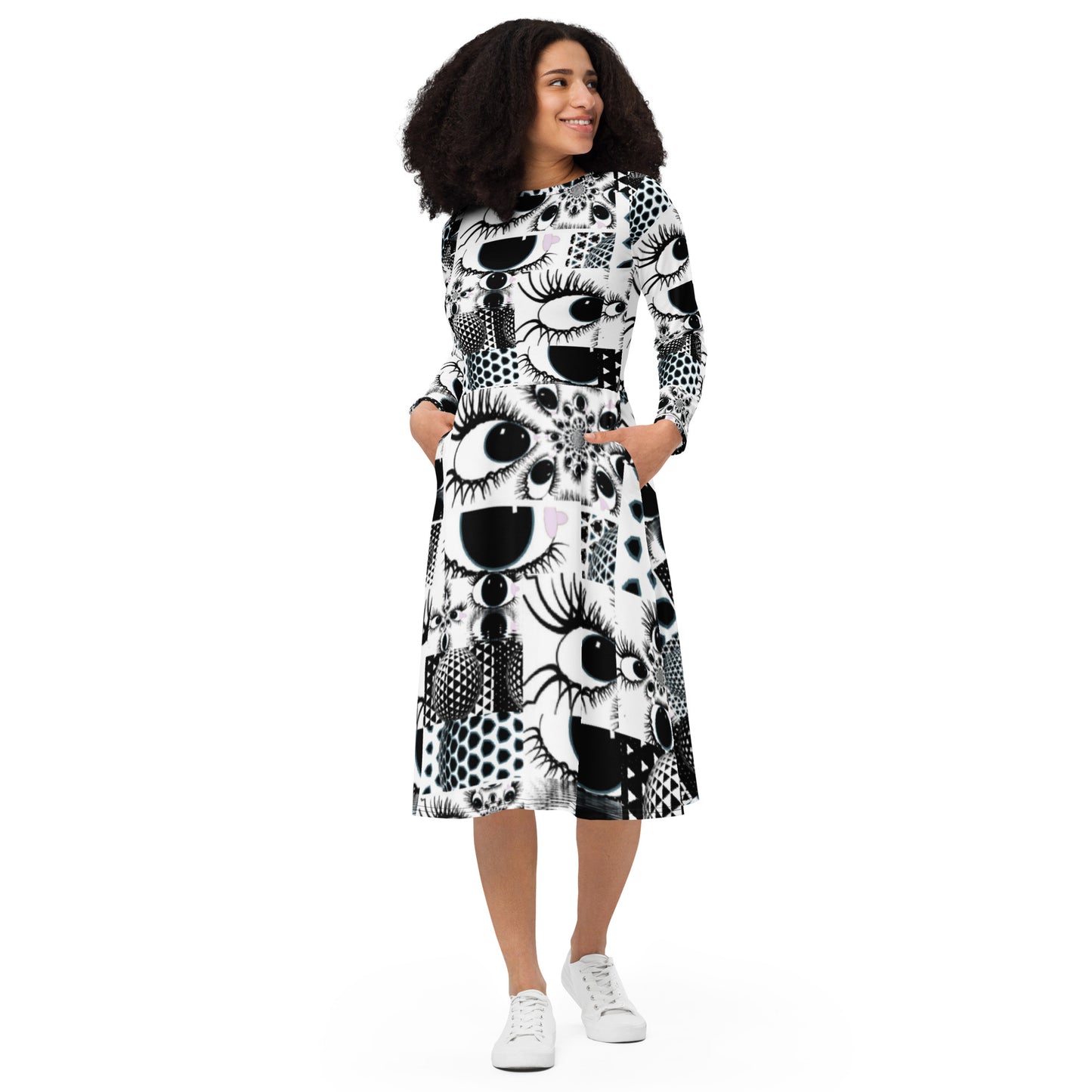 All-over print long sleeve midi dress