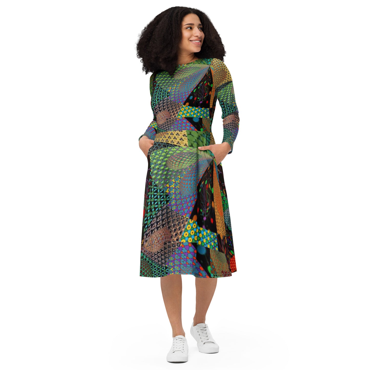 All-over print long sleeve midi dress